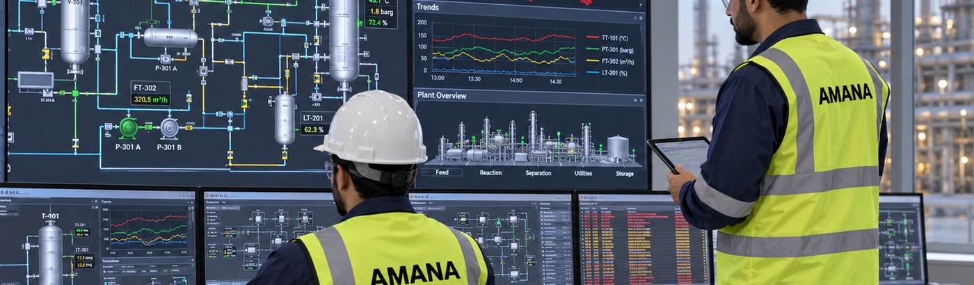 Illustrative SCADA control-room and plant dashboard scene