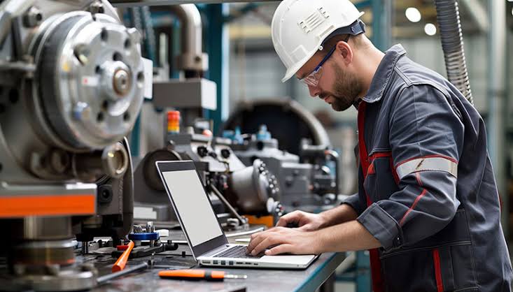 Technician using a laptop alongside industrial machinery